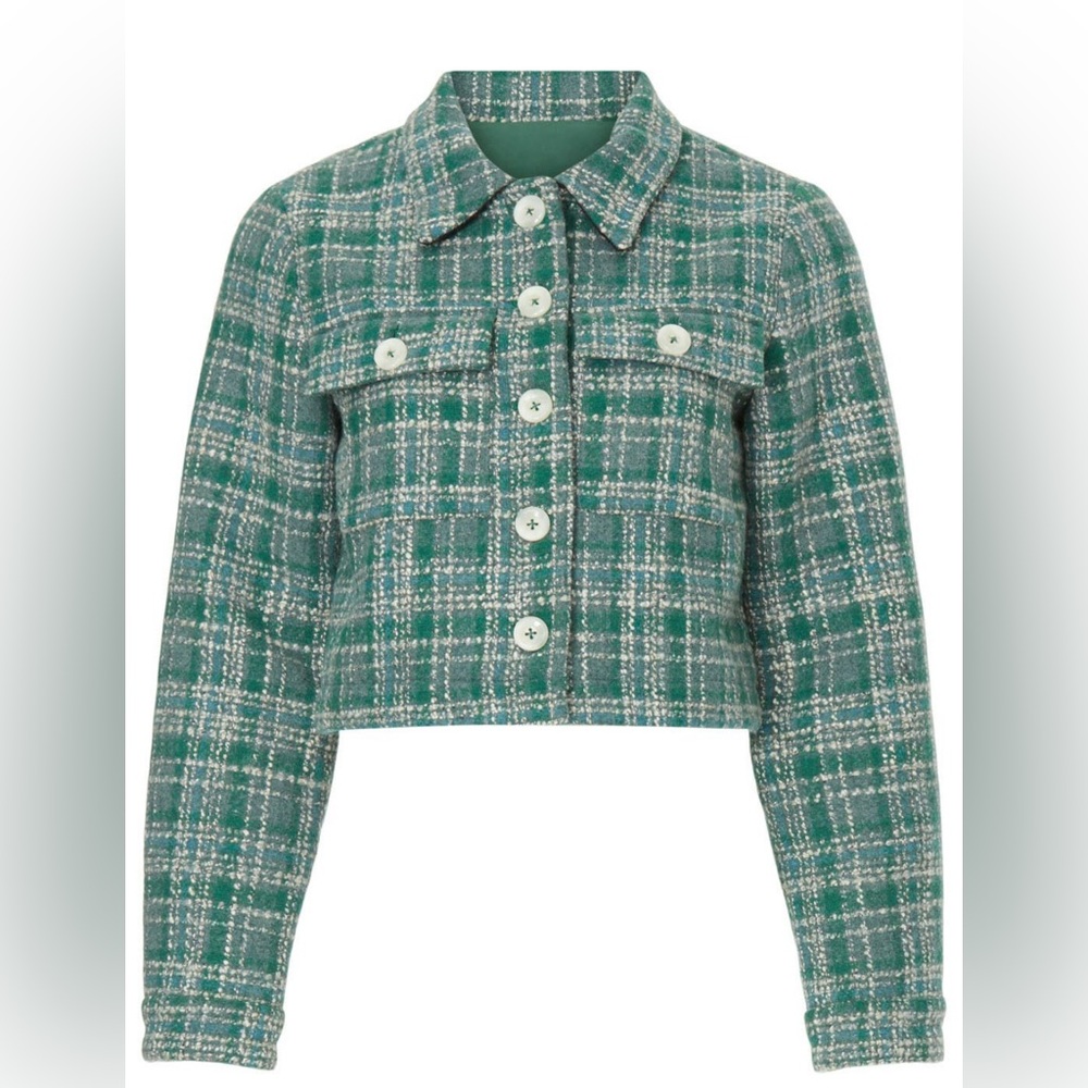Reformation Peggy Cropped Green Plaid Jacket, size S